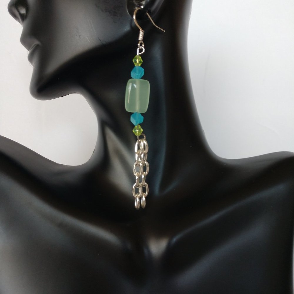 Handmade Mint Green and Blue Dangle Drop Earrings on Silver Plated Fishhooks
